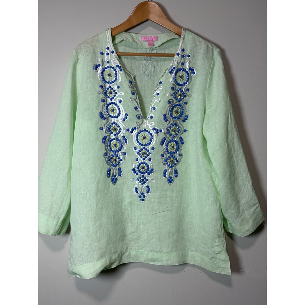 Lilly Pulitzer Mint Green Linen Embroidered Tunic Top Blue Silver V-Neck Large